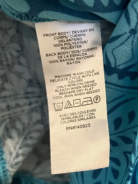 LOFT Teal Geometric Floral Patchwork Blouse Ruffle Sleeve Lightweight Top New - Picture 4 of 5